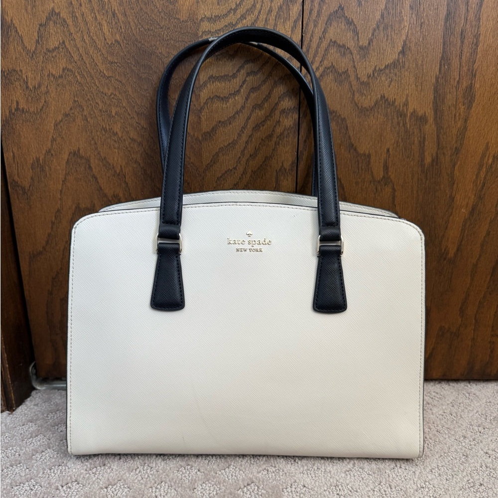 Kate Spade Perry Medium Satchel Bag Warm Beige Saffiano Leather Black Straps